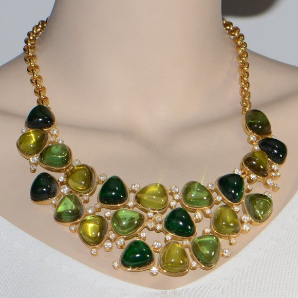 Kenneth Jay Lane Jewelry - Kenneth Jay Lane KJL Gold-Tone Resin Cabochon & Crystal Bib Necklace